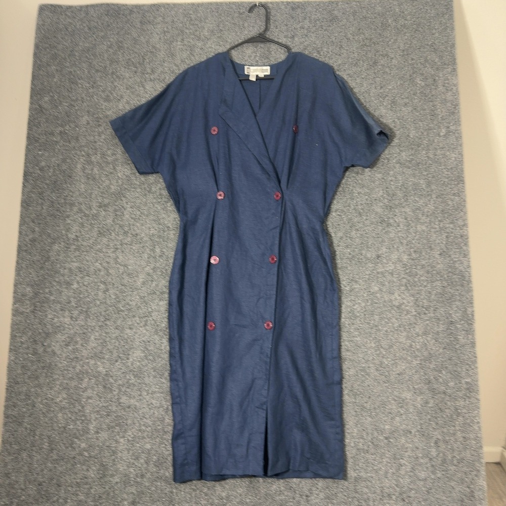 Vintage SK & Company Dress Womens 14 Blue‎ Linen Double Breasted Midi Retro